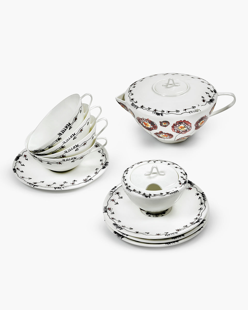 Tea Set 6 pieces anemone midnight flowers